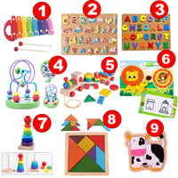Pack Montessori  Apprendre et jouer de 9 jouets éducatifs en bois
