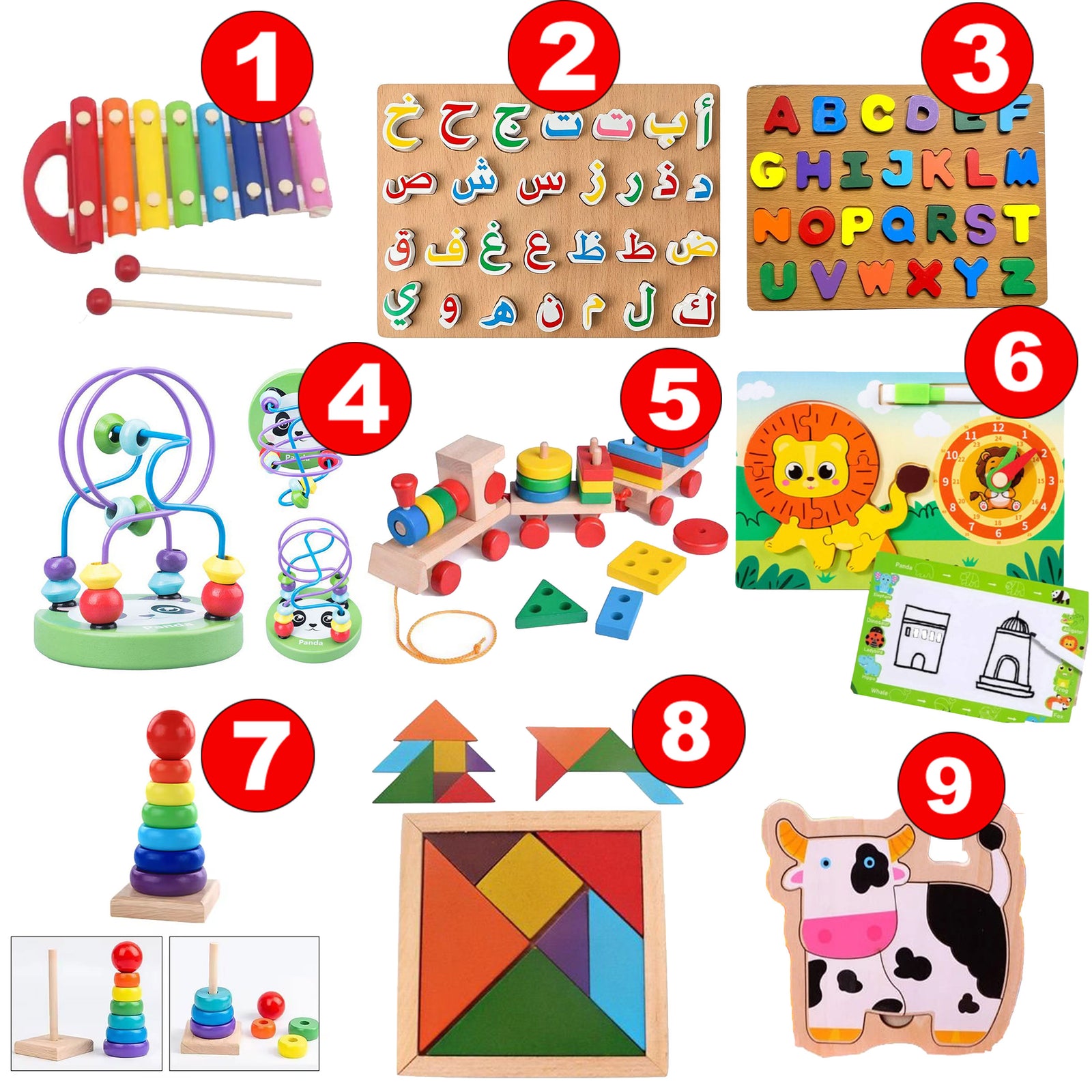 Pack Montessori  Apprendre et jouer de 9 jouets éducatifs en bois