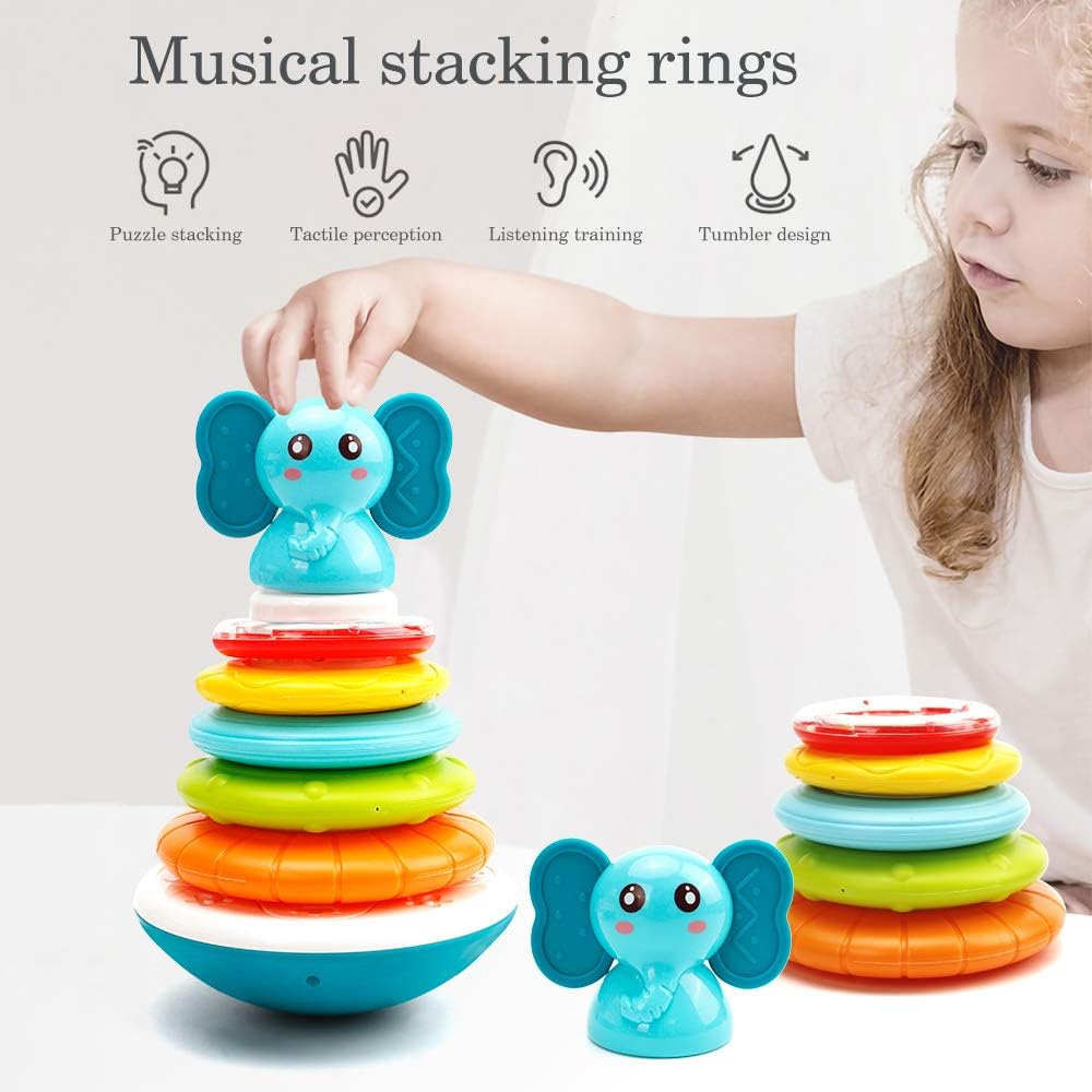 Jouets musicaux à empiler pour bébé - Anneaux de construction empilables et anneaux de dentition Jouets éducatifs à empiler pour l'apprentissage précoce avec sons et chansons