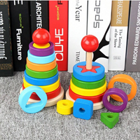 1 ensemble de 16 jouets empilables en forme de tour arc-en-ciel en bois,
