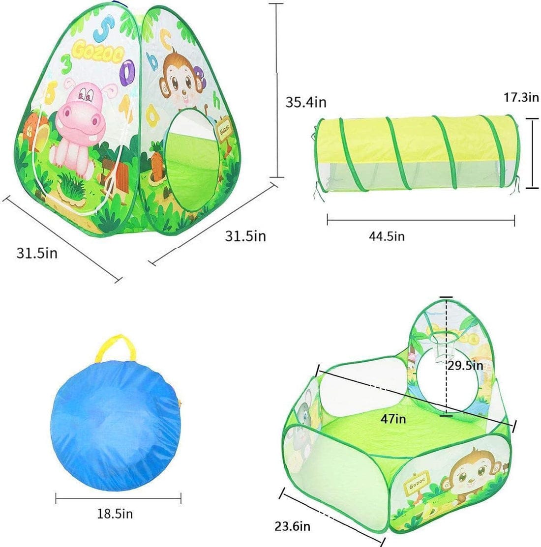 Tente enfant avec tunnel, piscine à balles et sac de rangement + des balles colorés