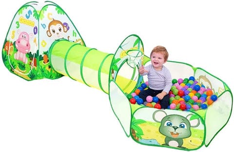 Tente enfant avec tunnel, piscine à balles et sac de rangement + des balles colorés